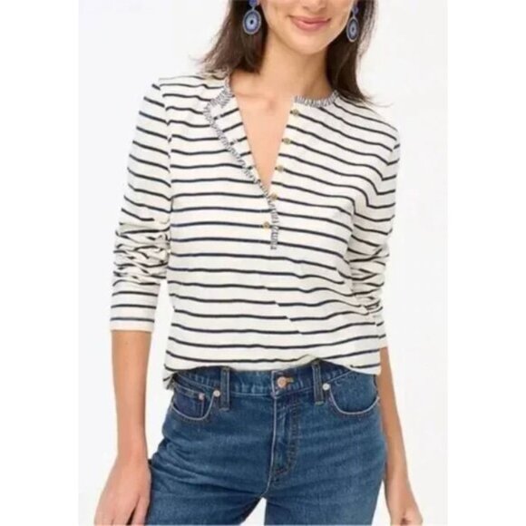 J.Crew Striped Henley Black Striped Preppy Nautical Ruffles Women's Size Small - Picture 1 of 10